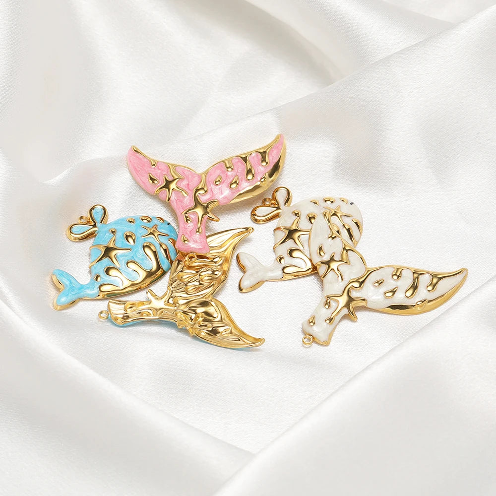 Fashion Whale Charm 18k Gold Plated Stainless Steel Enamel Mermaid Tail Zircon Pendant for DIY Necklace Jewelry Making