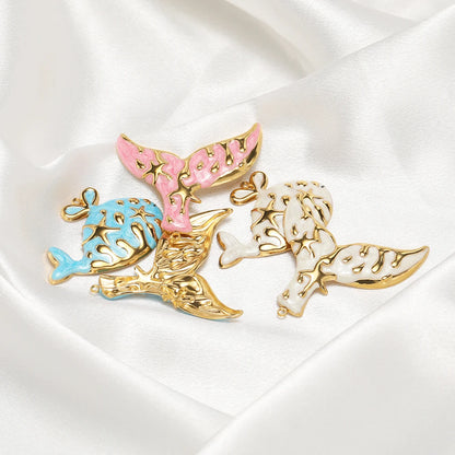 Fashion Whale Charm 18k Gold Plated Stainless Steel Enamel Mermaid Tail Zircon Pendant for DIY Necklace Jewelry Making