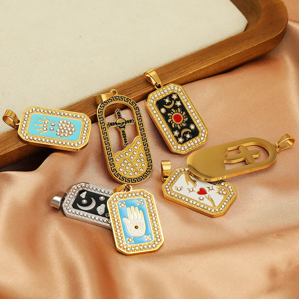 Unisex Stainless Steel Gold Plated Zircon Enamel Square Cross Charm Pendant for DIY Jewelry Making Wholesale