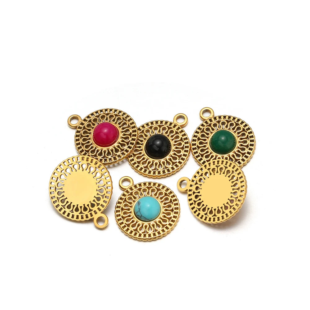 French Retro Stainless Steel 18K Gold Plated Natural Stone Hollow Charm Pendant for Jewelry Earring Necklace Making Accessories