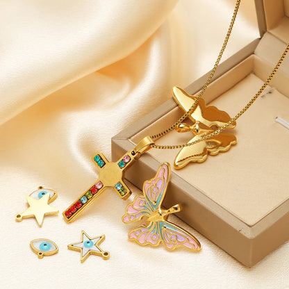 New Style 18k Gold Plated Stainless Steel Cross Star Butterfly Eye Enamel Zircon Charm Pendant for Jewelry Making Accessories