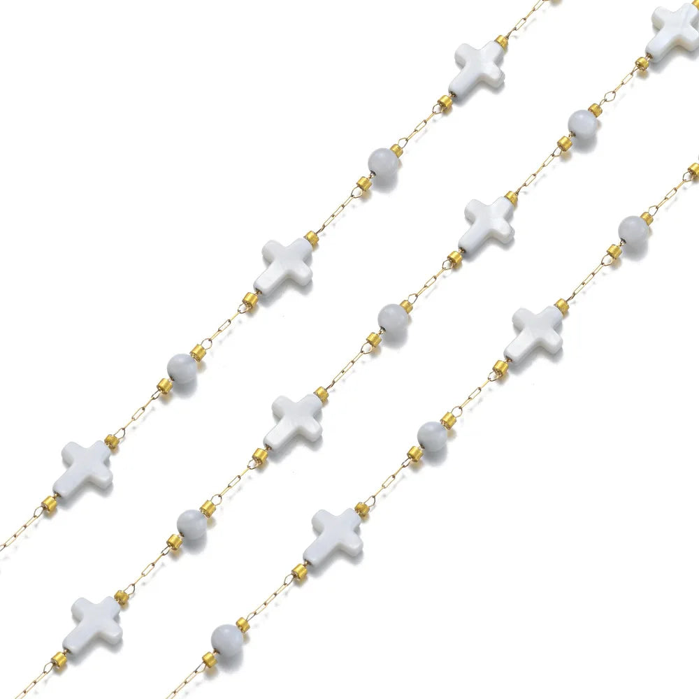 A3027 Amazing Cute Fashion Shell Beads Chain Roll Heart Star Cross Rosary Chain 18k Gold Plated for Necklace Bracelet Making