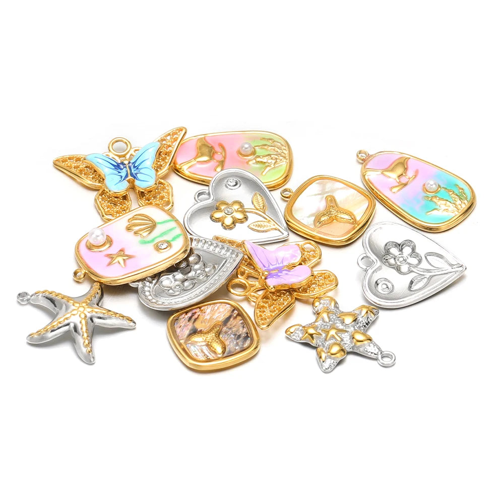Stainless Steel 18k Gold Plated Enamel Heart Starfish butterfly Shell Zircon Charm Pendant for Jewelry Necklace Making