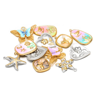 Stainless Steel 18k Gold Plated Enamel Heart Starfish butterfly Shell Zircon Charm Pendant for Jewelry Necklace Making