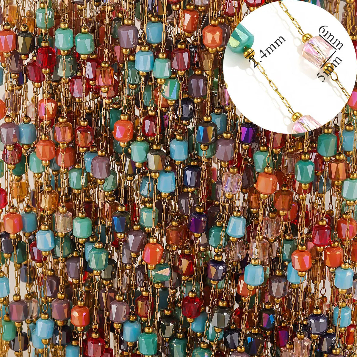 E545 New Stainless Steel 18K Gold Plated Preserving Crystal Colored Bead Chain Handmade Bracelet Necklace Glasses Chain