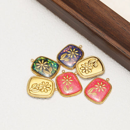 Fashion 18k Gold Plated Stainless Steel Square Enamel Flower Charm Pendant for DIY Necklace & Earring Making Accessories