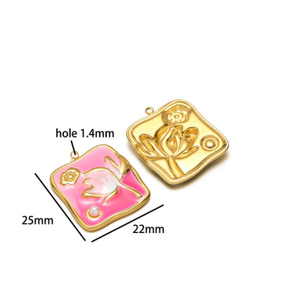 Exquisite Oil Drop Painted Flower Charm 18k Gold Plated Stainless Steel Enamel Round Square Pendant for Necklace Jewelry Making