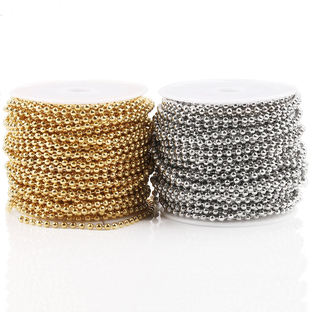 A1284 Non Tarnish 18k Gold Plated Bead Chain Round Beads Stainless Steel Silver Bulk Roll Chain Diy Jewelry Accessory