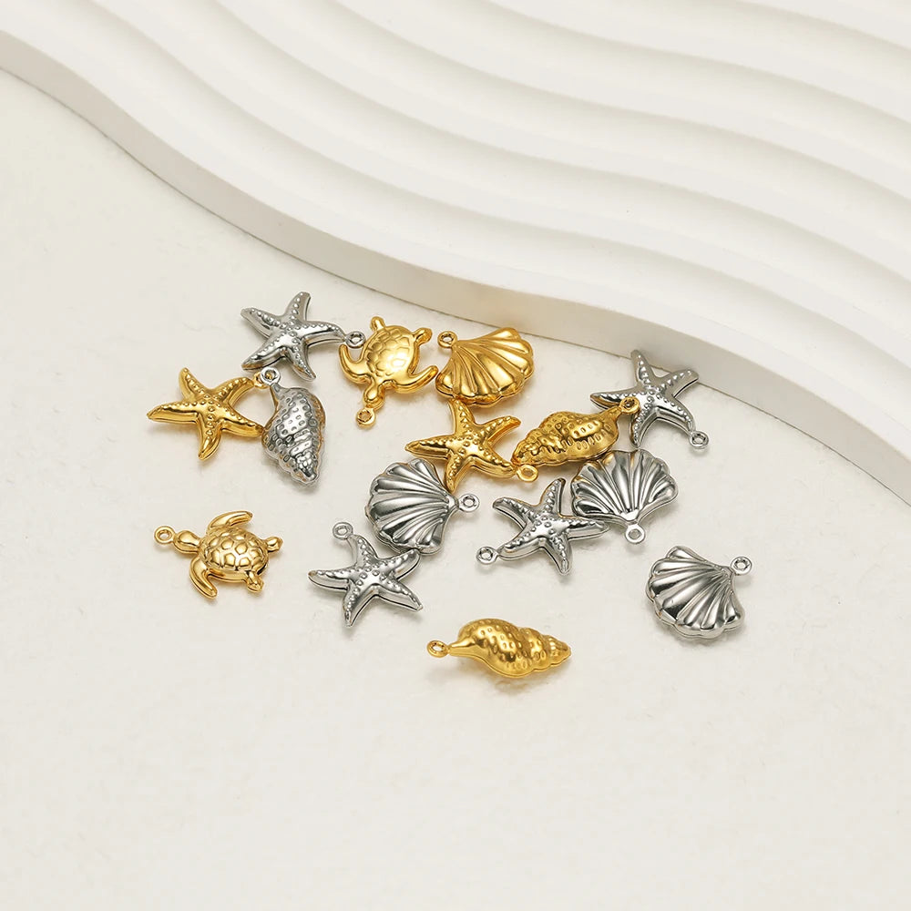 Vintage Stainless Steel 18k Gold Plated Shell Starfish Sea Turtle Sea Snail Charm Pendant for Jewelry Necklace Making