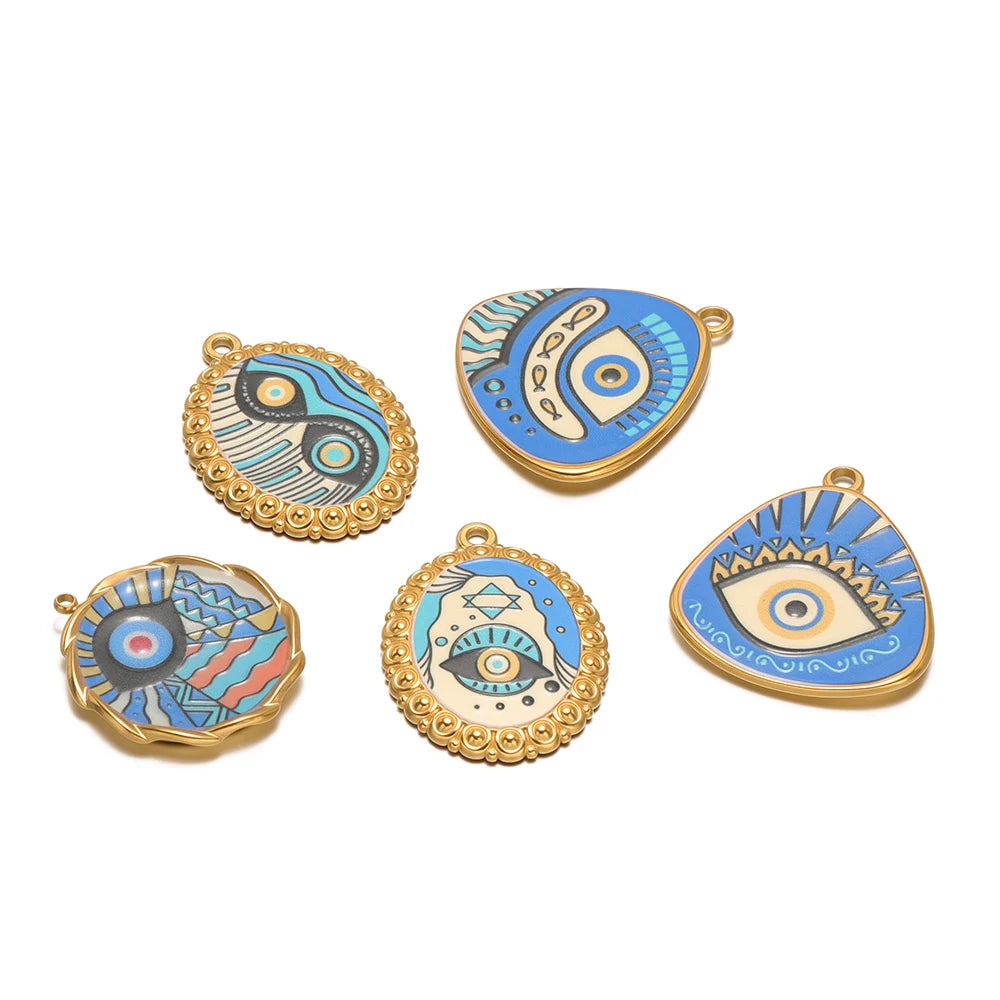 Bohemian Style Stainless Steel 18k Gold Plated Mixed Colors Enamel Oval Eye Charms Pendant for Diy Jewelry Necklace Making