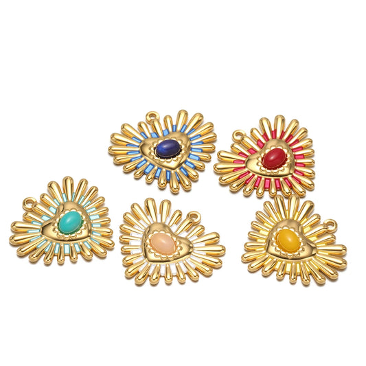 18K Gold Plated Heart Charms Enamel Sunburst Pendants Bohemian Vintage Jewelry Making Supplies for DIY Necklace