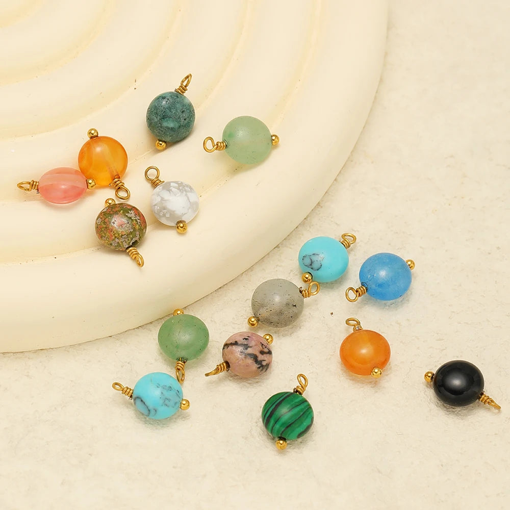 Handmade Stainless Steel 18K Gold Plated 8mm Natural Stone Charm Pendant for Jewelry Necklace Making Wholesale