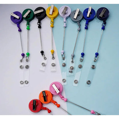 Creative Beaded Retractable Back Badge Holder Reels with Rotating Crocodile Clip & Keychain Bar
