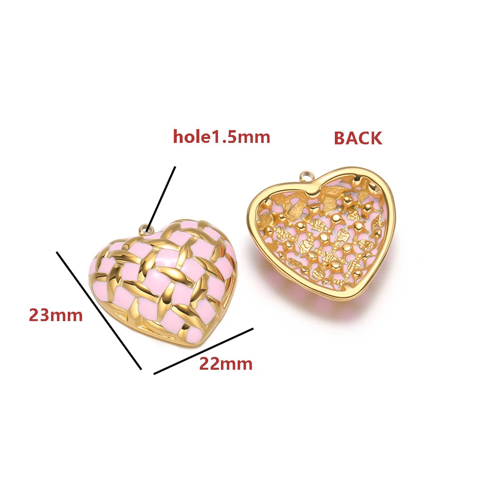 Colorful Enamel Heart Charms with Golden Weave Pattern, Good Luck Lucky Heart Pendant with Rhinestone for DIY Jewelry Making