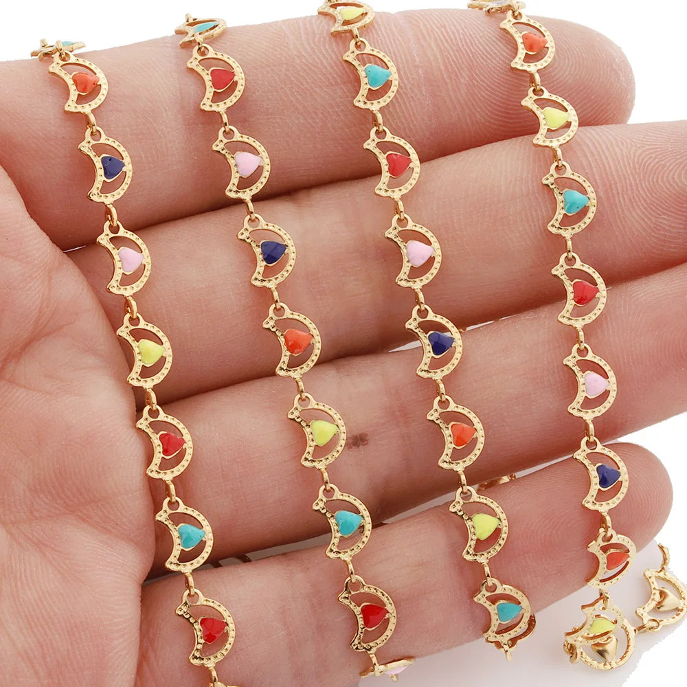 D088 Wholesale 18k Gold Stainless Steel Roller Chain Moon Connector Link Chain Heart Enamel Chain Jewelry
