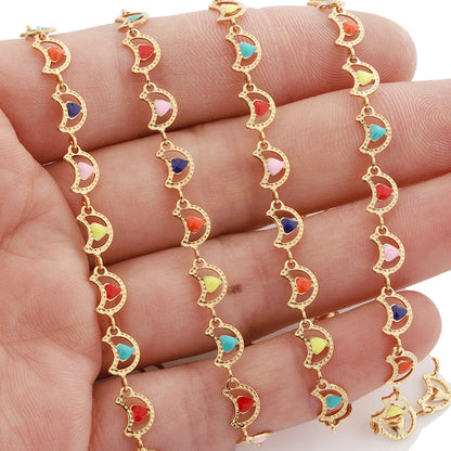 D088 Wholesale 18k Gold Stainless Steel Roller Chain Moon Connector Link Chain Heart Enamel Chain Jewelry