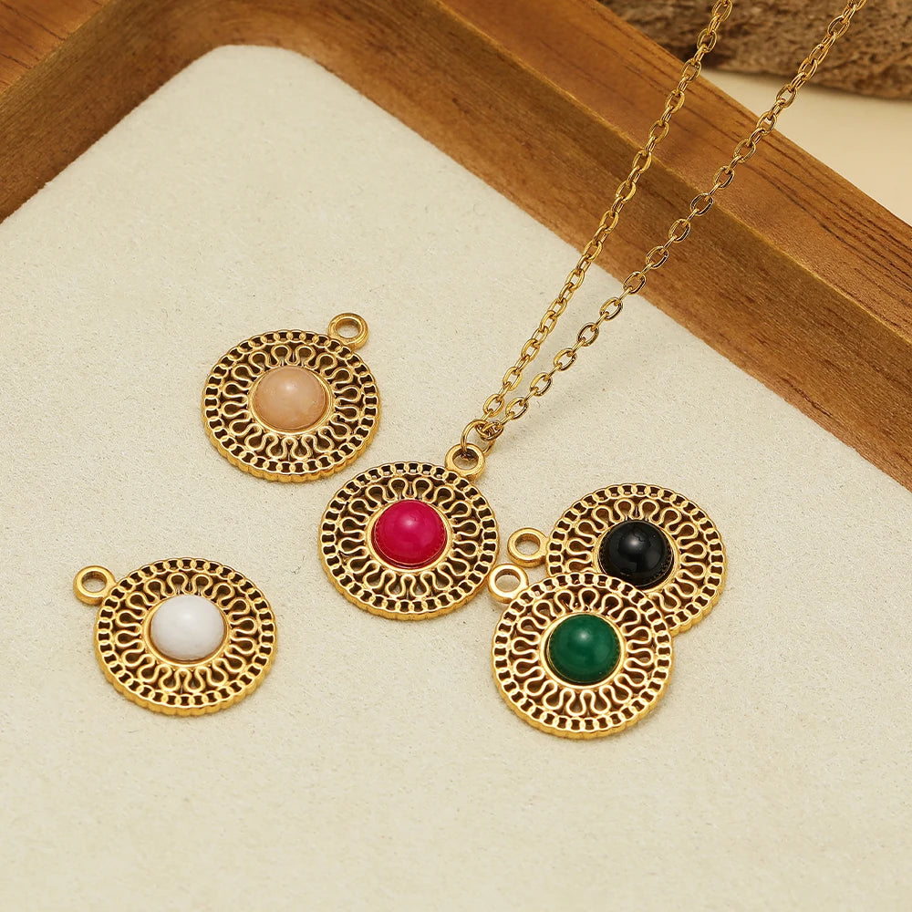 French Retro Stainless Steel 18K Gold Plated Natural Stone Hollow Charm Pendant for Jewelry Earring Necklace Making Accessories