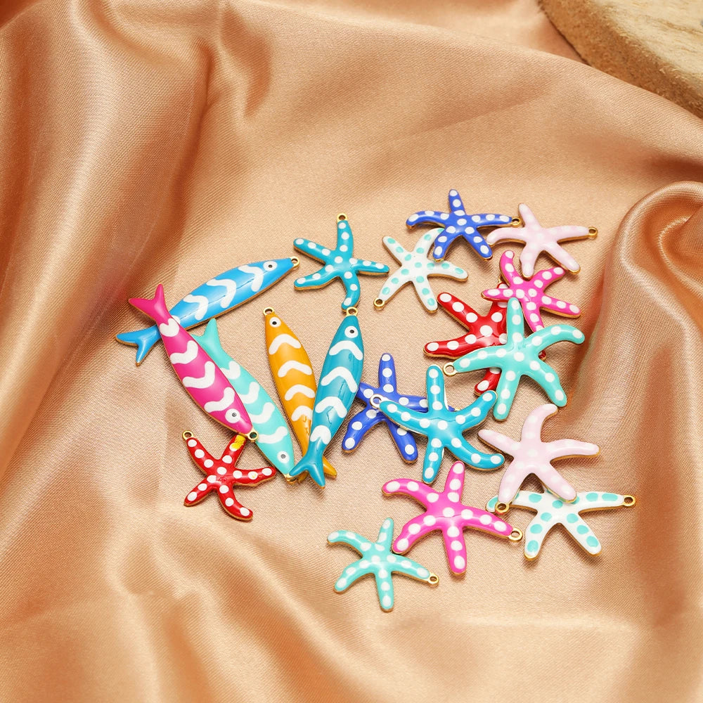 Wholesale Enamel Charms 18k Gold Plated Stainless Steel Enamel Starfish Fish Charm Pendant for DIY Necklace Jewelry Making