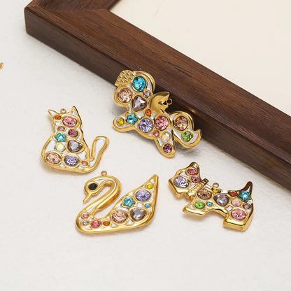 Exquisite 18k Gold Plated Stainless Steel Cat Swan Unicorn Puppy Coloured Zircon Charm Pendant for DIY Necklace Jewelry Making