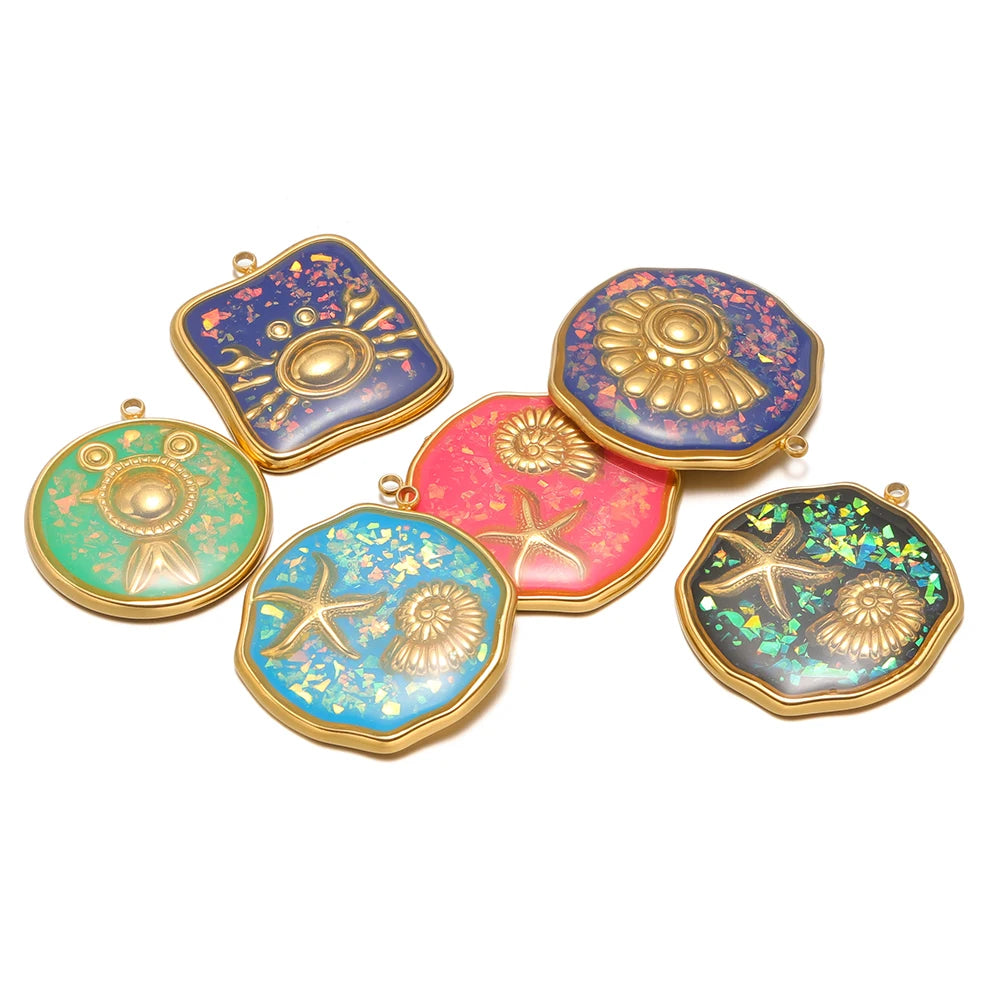 French Retro Stainless Steel 18k Gold Plated One Side Enamel Owl Starfish Conch Charm Pendant for DIY Jewelry Necklace Making