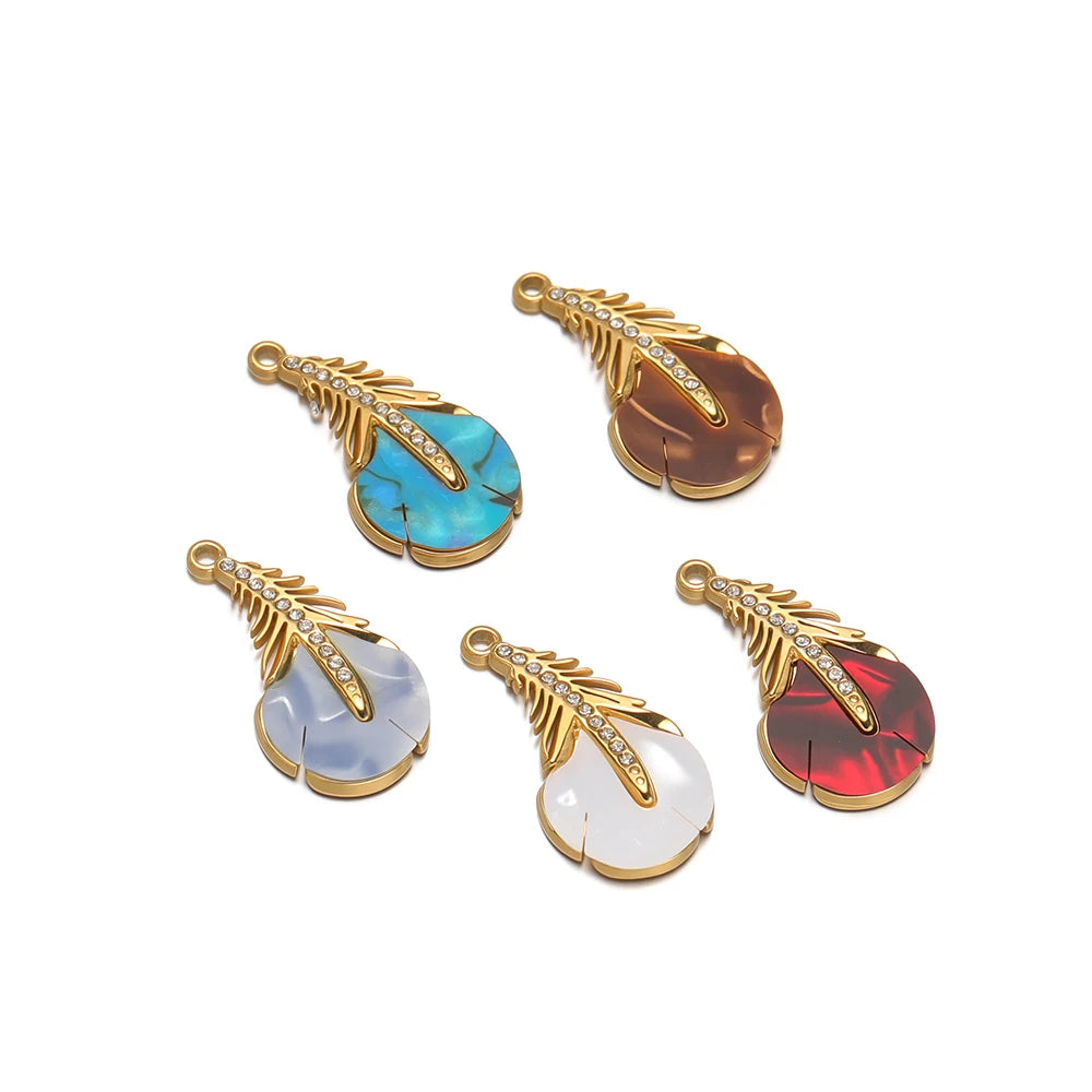 New Trendy Stainless Steel 18k Gold Plated Zircon Leaf Charm Pendant for Jewelry Making Wholesale Jewelry Supplies