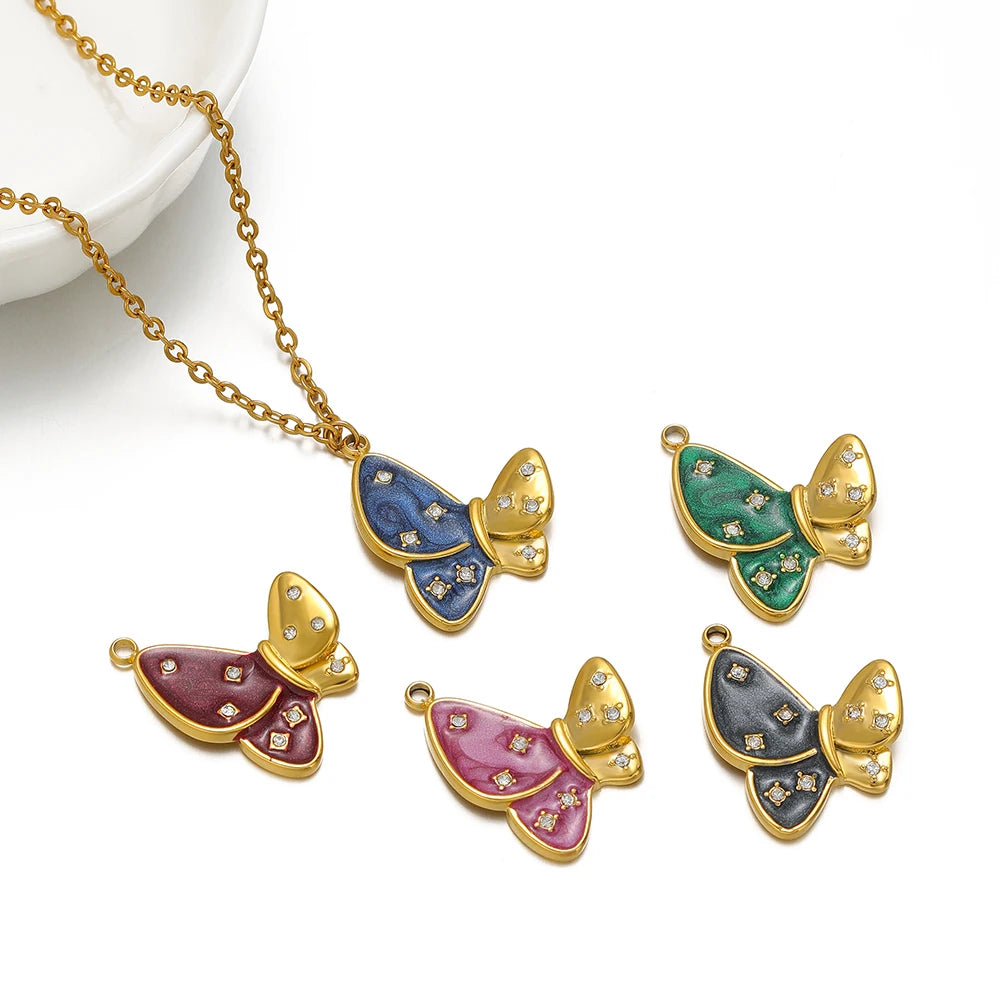 Hot Selling Stainless Steel18k Gold Plated Drop Oil Dot Drill Butterfly Charms Pendant for DIY Jewelry Necklace Making