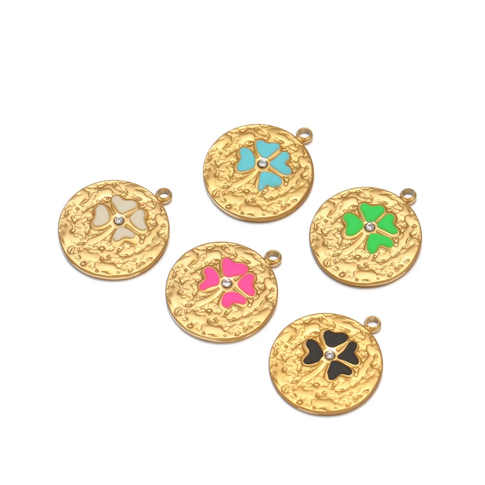 New Product Stainless Steel 18k Gold Plated Enamel Four Leaf Clover Crumpled Round Charm Pendant for Jewelry Necklace Making