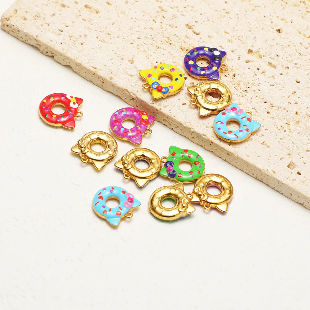Cat Ear Donut-Shaped 18K Gold Plated Color Droplet Oil Pendant 1.1mm Hole Set 4 DIY Cute Handmade Charms Gold Kitty