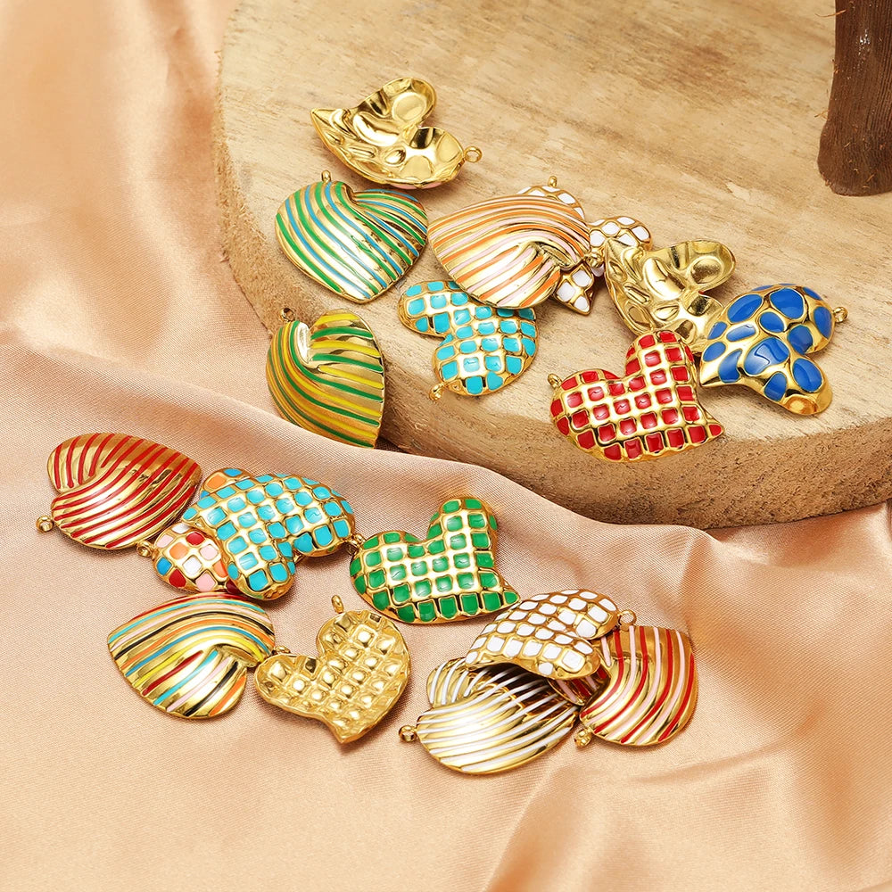 Bohemian Style 18k Gold Plated Stainless Steel Colorful Enamel Heart Charm Pendant for DIY Necklace Jewelry Making