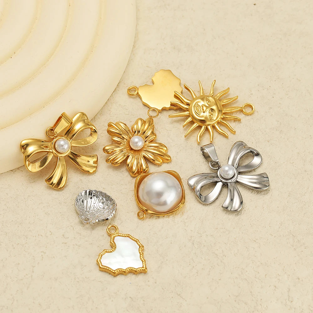 New Trend Stainless Steel Gold Plated Enamel Shell Heart Flower Bowknot Charm Pendant for Jewelry Making Wholesale