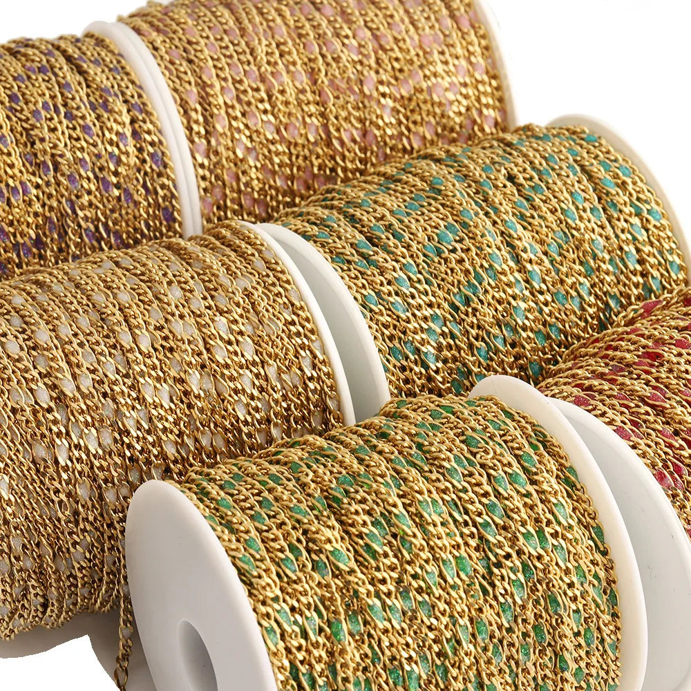 D1016 Fashion 3+1 Figaro Enamel Chains Stainless Steel Cuban Truck Roller Chains for Making Serpentine Necklace Bracelet