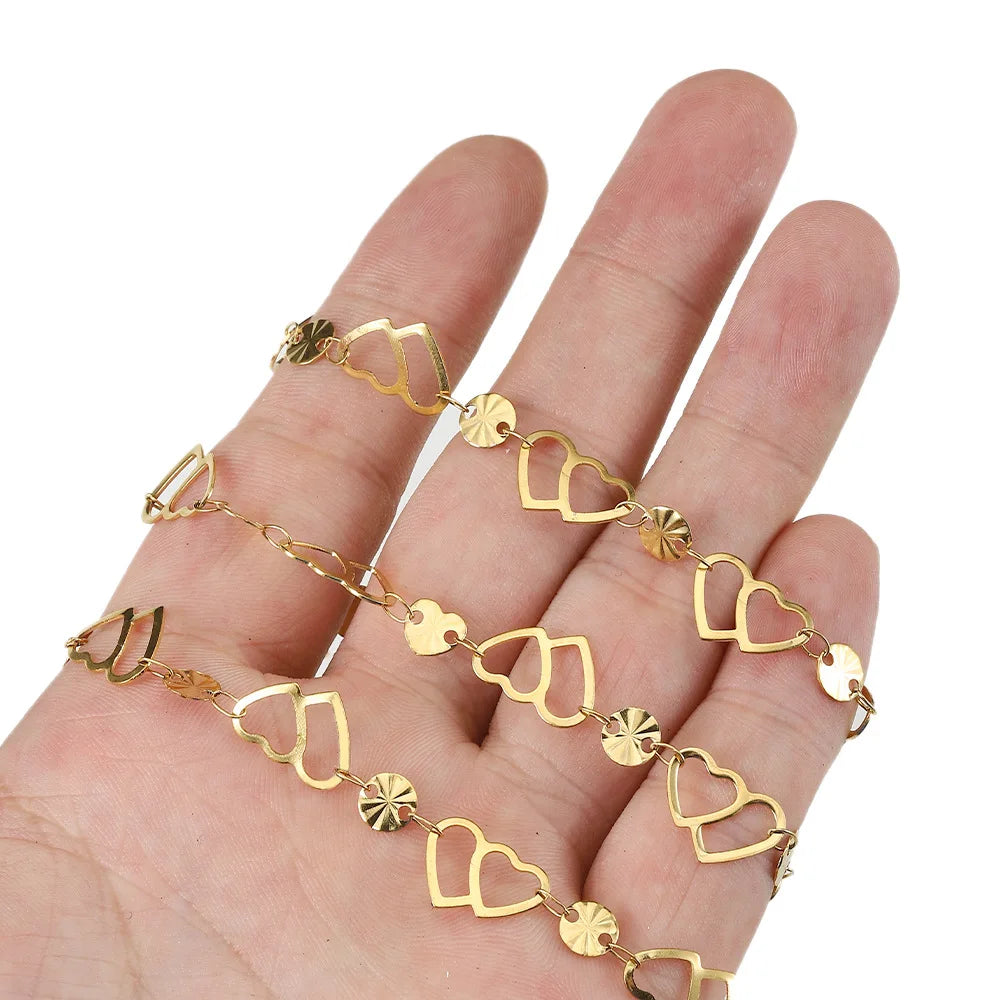 A1868 Hot Hollow Double Heart Chain 18k Gold Plated Stainless Steel Chain for Jewelry Making Diy