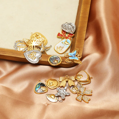 Stainless Steel 18k Gold Plated Enamel Heart Starfish butterfly Shell Zircon Charm Pendant for Jewelry Necklace Making