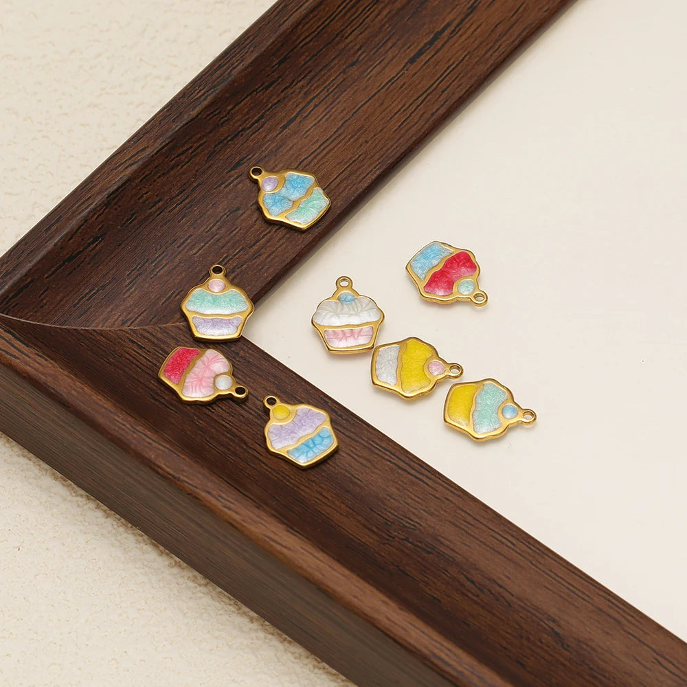 Cute Ins Colorful Enamel 18k Gold Plated Stainless Steel Cupcake Charm Pendant for Handmade Necklace Jewelry Making