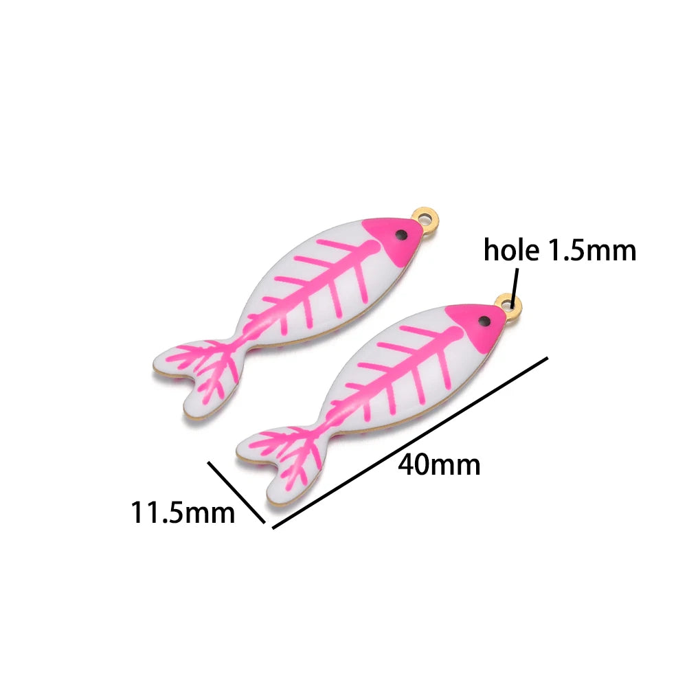Handmade 18k Gold Plated Stainless Steel Enamel Cute Beach Fishbone Charm Pendant for Jewelry Necklace Making Accessories