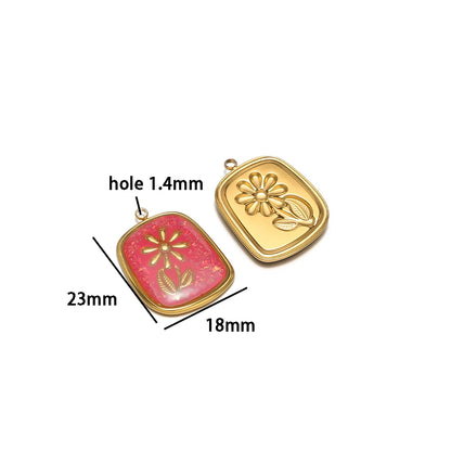 Fashion 18k Gold Plated Stainless Steel Square Enamel Flower Charm Pendant for DIY Necklace & Earring Making Accessories