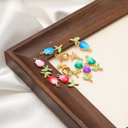 18K Gold Plated Tulip Charms Enamel Flower Bud Pendants Sweet Floral Jewelry Making Supplies for DIY Necklace Bracelet