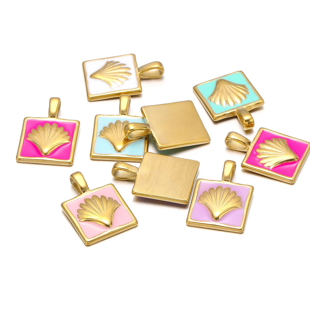 Newest Stainless Steel 18k Gold Plated Enamel Colorful Square Charm Pendant  for Jewelry Necklace Making Accessories