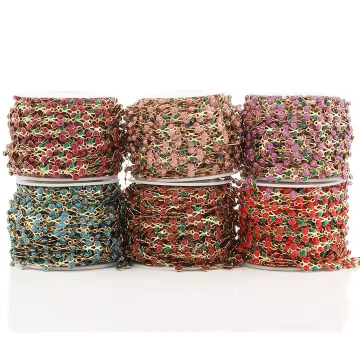 18k Gold Vacuum Plated Stainless Steel Chain Jewelry Making Colorful Enamel Cherry Fruit Beads Chain for Diy