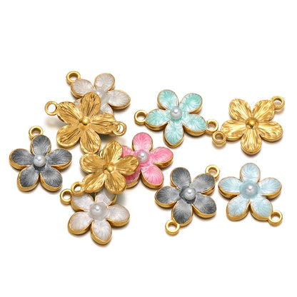 Enamel Flower Charms 18k Gold Plated Stainless Steel Double Hole Flower Pearl Charm Pendant for DIY Jewelry Making Accessories