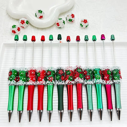 Christmas Red Green Flower Ballpoint Pen Plastic Clear Rhinestone White Pearl Portable for DIY Gift Party Favors