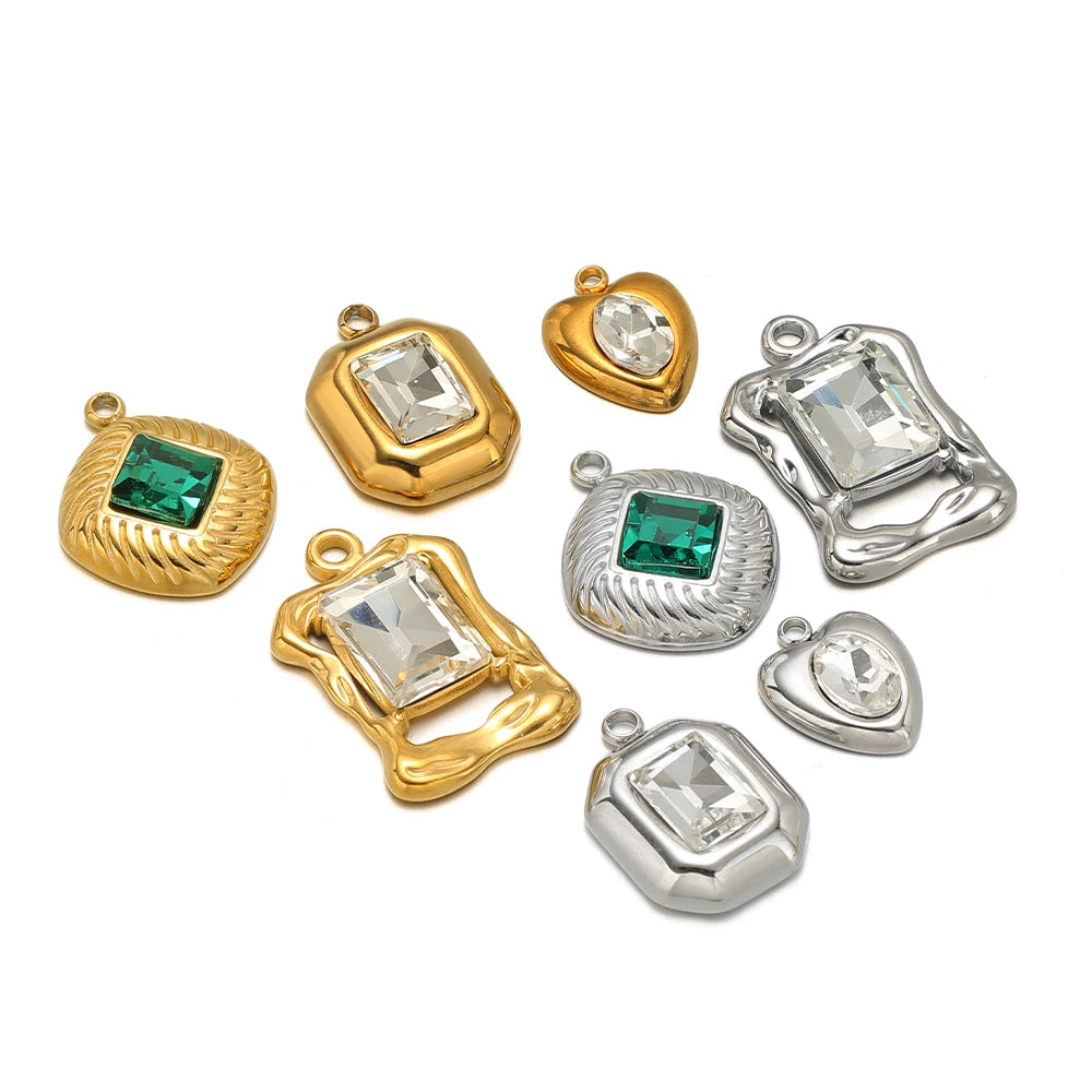 High Quality 18k Gold Plated Stainless Steel Rectangle Heart Oval square Zircon Charm Pendant for DIY Jewelry Making