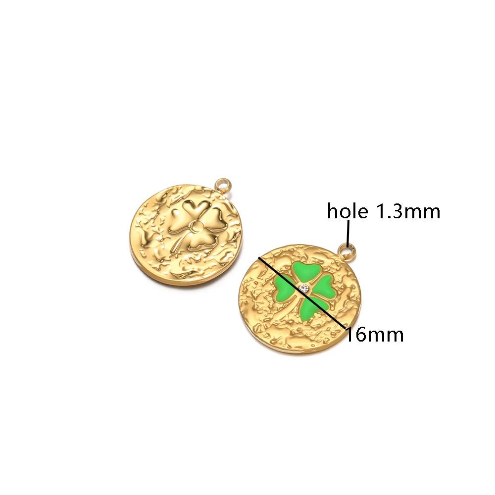 New Product Stainless Steel 18k Gold Plated Enamel Four Leaf Clover Crumpled Round Charm Pendant for Jewelry Necklace Making