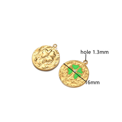 New Product Stainless Steel 18k Gold Plated Enamel Four Leaf Clover Crumpled Round Charm Pendant for Jewelry Necklace Making