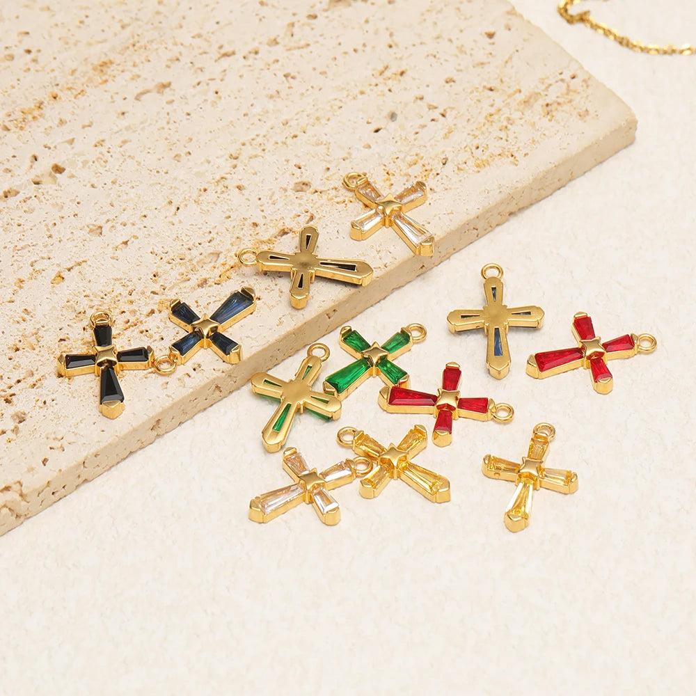 18K Gold Hollow Cross Charm Single-sided Zircon Inlay Geometric Rectangle CZ Pendant Findings Religious Jewelry DIY Necklace