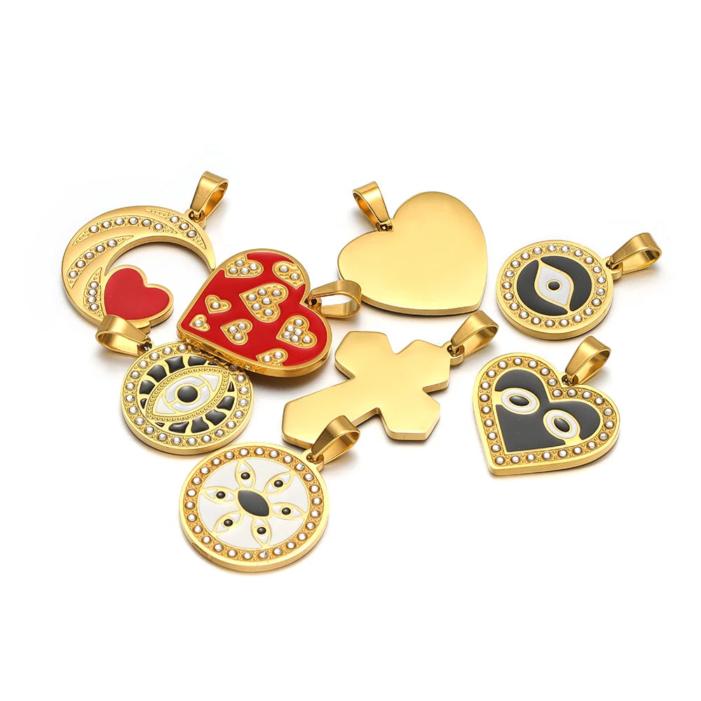 Women's Fashion Accessory Stainless Steel Gold Plated Enamel Eyes Heart Cross Charm Pendant for DIY Jewelry Making