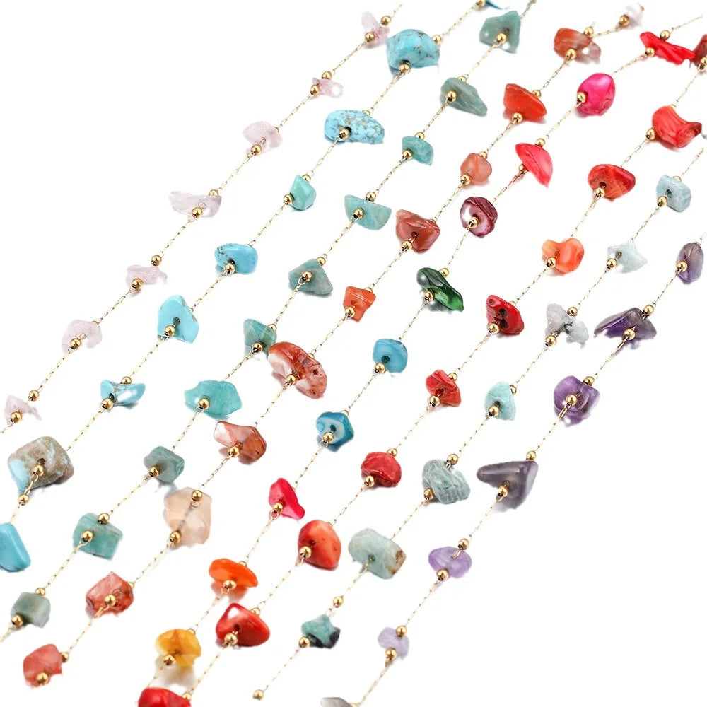 A2761 Fashion Natural Stone Beads Beaded Chain Rosary Amethyst Turquoise Beads Chain Stainless Steel for Jewelry Making