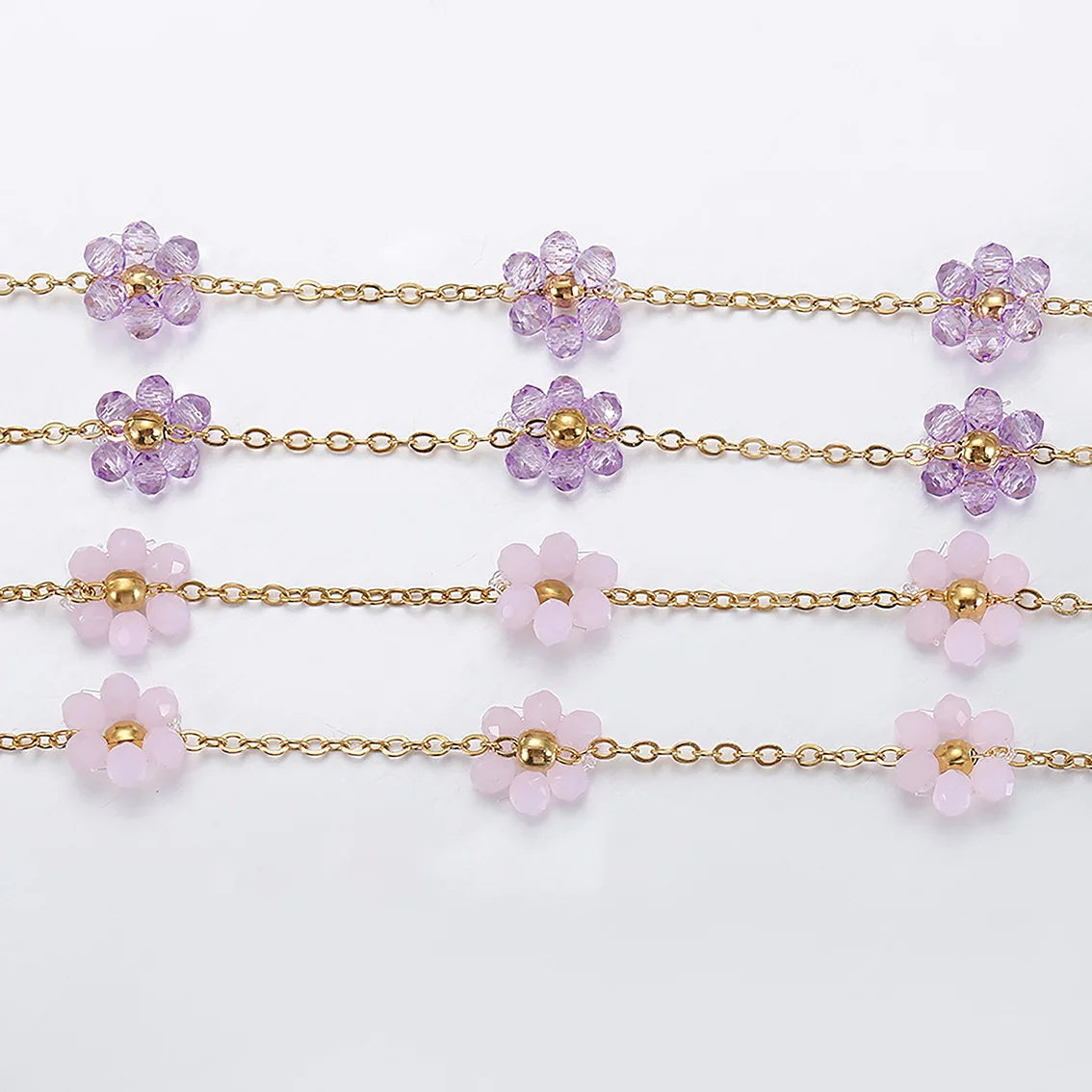 A1855 Non Tarnish 18k Gold Plated Stainless Steel Chain Crystal Flower Beads Chain Jewelry Making Diy