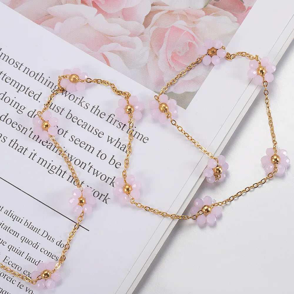 A1855 Non Tarnish 18k Gold Plated Stainless Steel Chain Crystal Flower Beads Chain Jewelry Making Diy