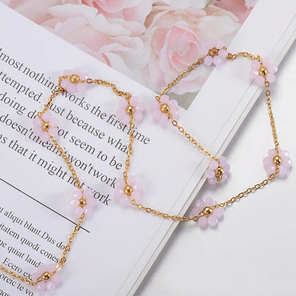 A1855 Non Tarnish 18k Gold Plated Stainless Steel Chain Crystal Flower Beads Chain Jewelry Making Diy